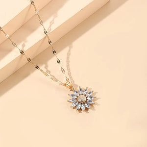 Luxury Flower Pendant Necklace: Gold Titanium Chain Zirconia Inlaid Jewelry