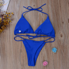 Load image into Gallery viewer, Women Tie Sexy Thong Bikini Set Side Swimsuit Bandage Style Brazilian Swimwear Split Strap Adjustable Solid Female Swimsuit Set