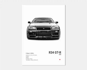 Black and White Japan Cars Luxury Super Sport Car Poster Aesthetic R34 Gtr 240sx Canvas Print for Wall Art Garage Room Decor