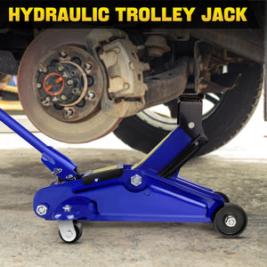 2 Ton Hydraulic Trolley Steel Jack – Flat Lifting Height 135-320 mm with 360° Wheels | Car Lifter Axle Stand for Workshop & Home
