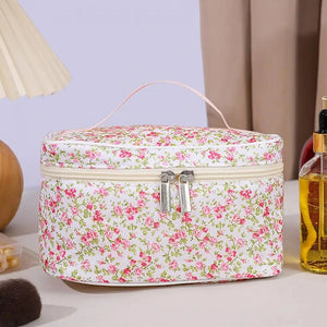 Cotton Floral Cosmetic Pouch Dual Zipper Makeup Organizer Travel Storage Bag