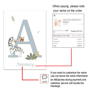Customized Baby Name Poster Jungle Animals Lion Zebra Elephant Canvas Painting Kis Bedroom Wall Art Print Pictures Nursery Decor