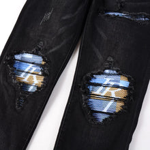 Load image into Gallery viewer, Men&#39;s Black Graffiti Ripped Jeans - Slim Fit Patchwork Denim with Painted Letters