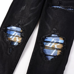 Men's Black Graffiti Ripped Jeans - Slim Fit Patchwork Denim with Painted Letters