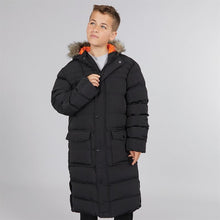 Load image into Gallery viewer, Kangaroo Poo Boys Longline Faux Fur Trim Hooded Coat Black