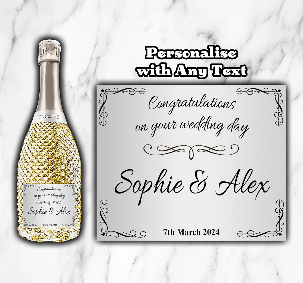 Personalised Silver Bottle Label - Birthday Wedding Bride Congratulations Retirement Hen Party Anniversary ANY TEXT