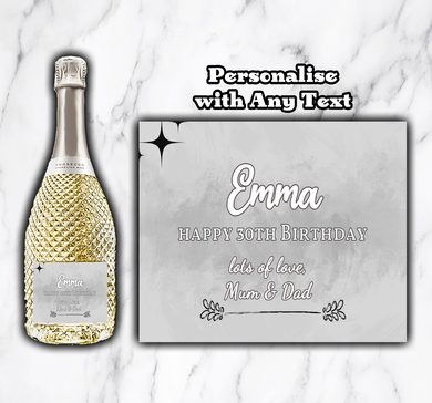 Personalised Silver Grey Bottle Label - Birthday Wedding Bride Congratulations Retirement Hen Party Anniversary ANY TEXT