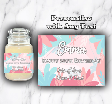 Personalised Pink Teal Candle Label - Birthday Wedding Bride Congratulations Retirement Hen Party Anniversary ANY TEXT