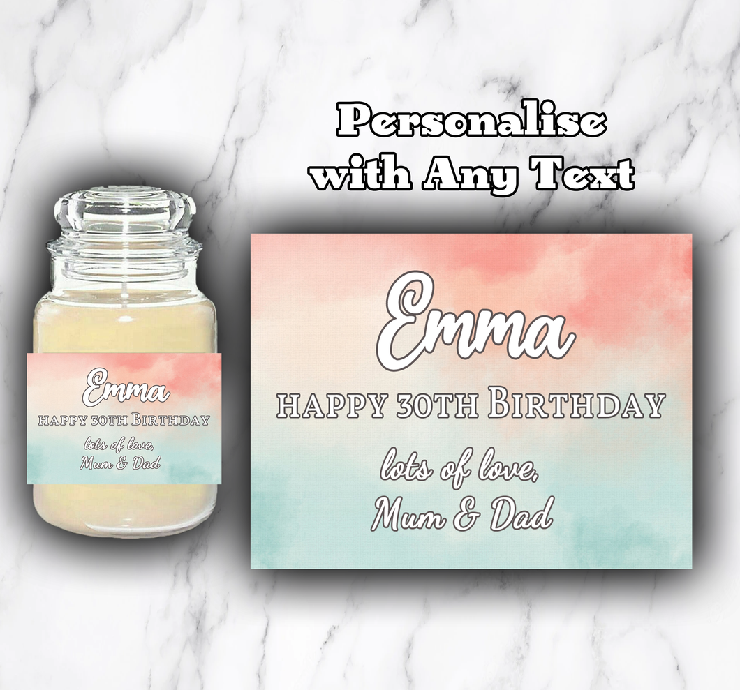 Personalised Pastel Colour Candle Label - Birthday Wedding Bride Congratulations Retirement Hen Party Anniversary ANY TEXT