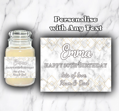 Personalised Gold Marble Candle Label - Birthday Wedding Bride Congratulations Retirement Hen Party Anniversary ANY TEXT